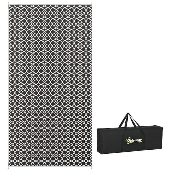 Otryad 9' x 18' Reversible Outdoor Rug, Waterproof Plastic Straw Floor Mat, Portable RV Camping Carpet in Black & White Clover