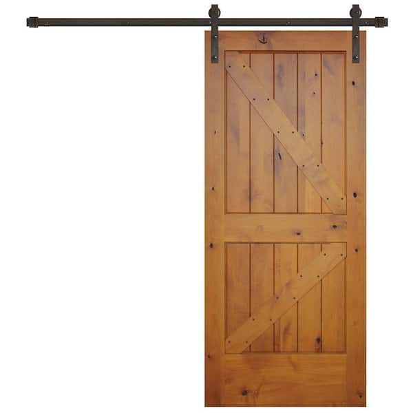 Pacific Entries 36 in. x 84 in. Rustic Prefinished 2-Panel Right Knotty Alder Wood Sliding Barn Door with Bronze Hardware kit