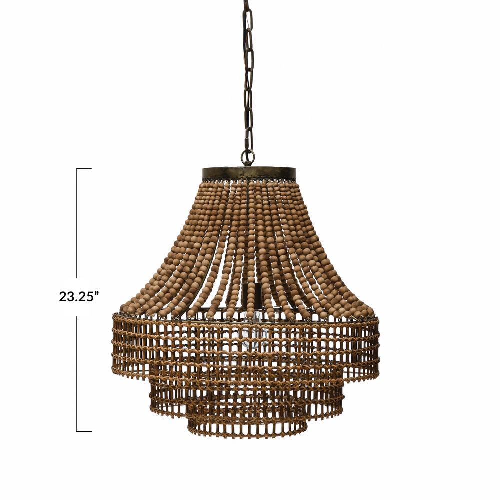 Storied Home Metal Rattan and Wood Bead Chandelier Brown: ETL Listed, Iron Canopy, Adjustable Height