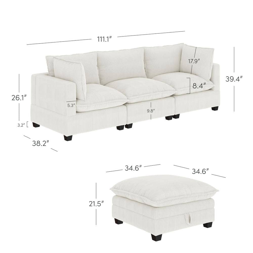 Pearl White Linen Upholstered 3-Seater Sofa with Ottoman