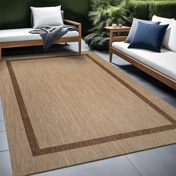 Waikiki Beige/Brown 6 ft. x 9 ft. Bordered Indoor Outdoor Area Rug