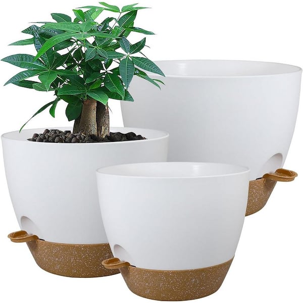 ITOPFOX Garden 12 in. L x 12 in. W x 7.5 in. H White with Brown Plastic Round Indoor Planter (3-Pack)