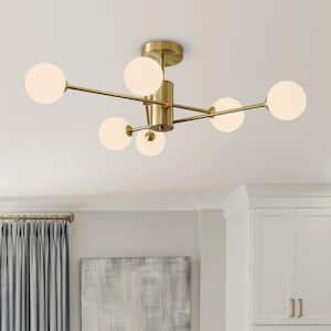 33.46 in. 6-Light Brass Modern Sputnik Chandelier Industrial Semi-Flush Mount Ceiling Light with Milk White Glass Shade