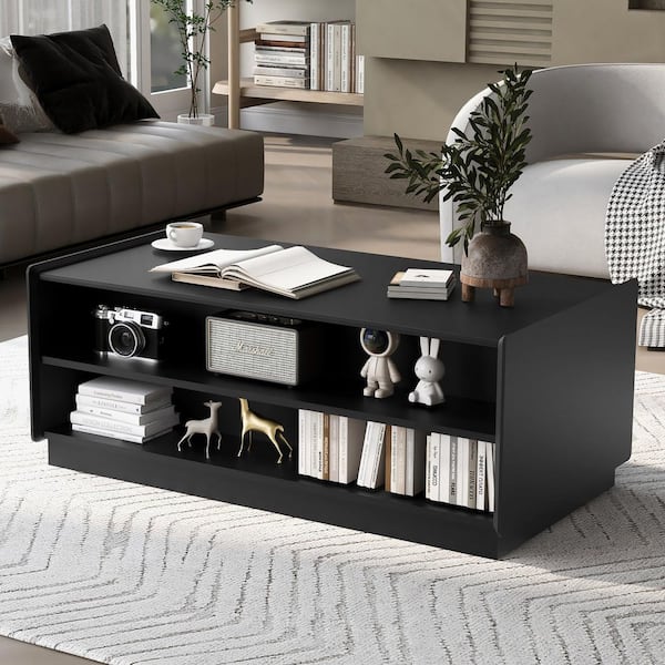 47.2 in. Black Rectangle MDF Wood Coffee Table with 4 Drawers and 2 Display Shelves