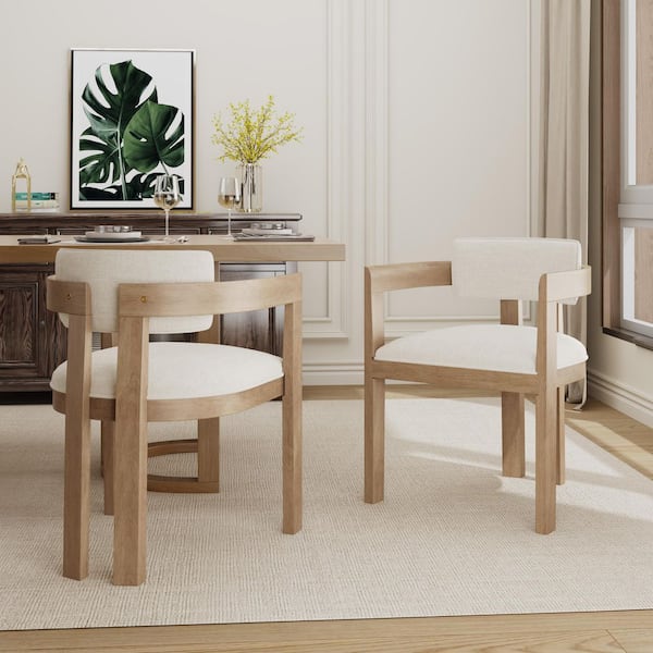 High-end Lines Nature Ash/Beige Fabric Upholstered Dining Chairs with Solid Rubberwood Frame and Armrest (Set of 2)