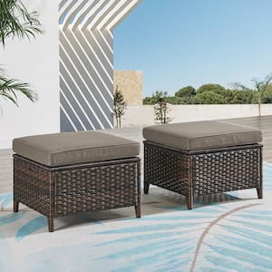 2-Pack Wicker Outdoor Ottoman Steel Frame Footstool with Removable Cushions Brown/Gray