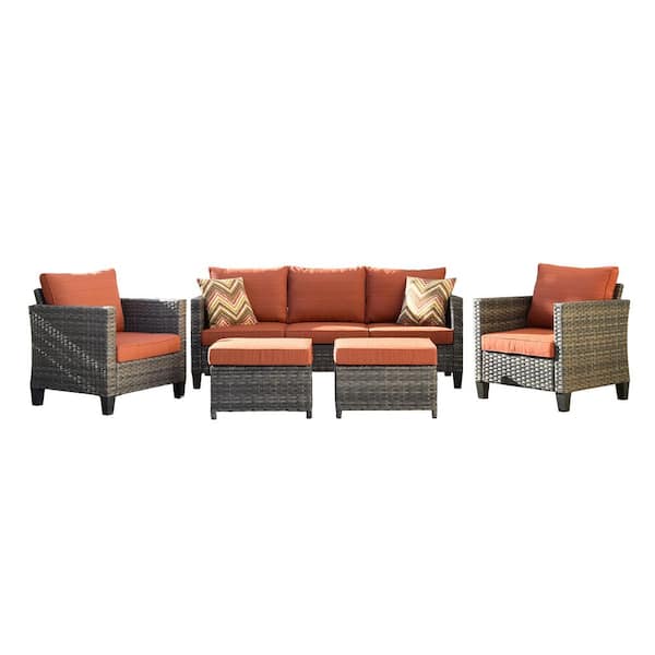 New Vultros Gray 5-Piece Wicker Outdoor Patio Conversation Seating Set with Orange Red Cushions