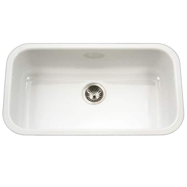 HOUZER Porcela Series Undermount Porcelain Enamel Steel 31 in. Large Single Bowl Kitchen Sink in White