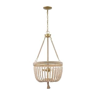 Taylan 16 in. 4-Light Antique Gold Pendant Light Fixture with Jute Rope and Wood Beaded Shade