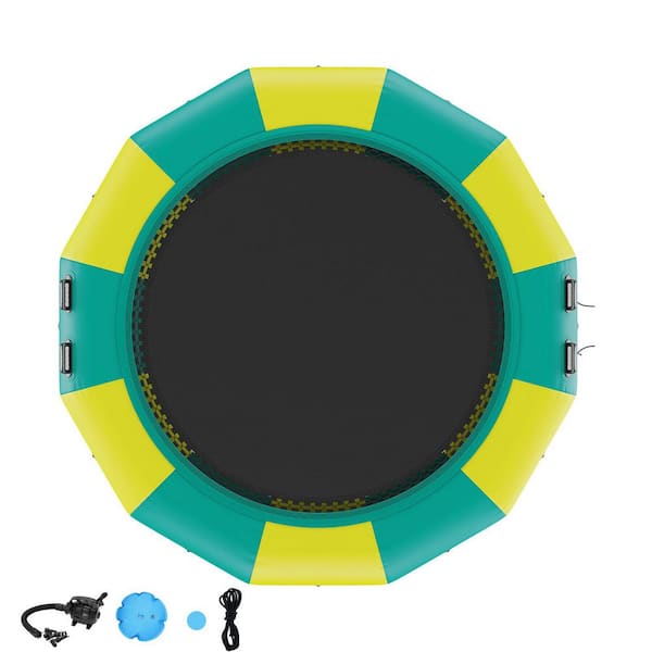 SKYSHALO Inflatable Water Bouncer, Portable Bounce Swim Platform with 3-Step Ladder, 12ft. Recreational Water Trampoline,