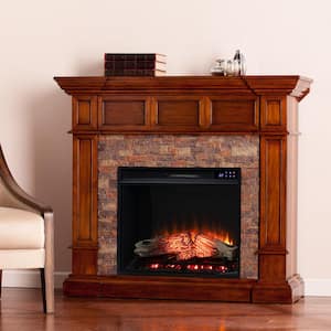 Jessa 45.75 in. Corner Convertible Touch Panel Electric Fireplace in Buckeye Oak and Faux Durango Stone