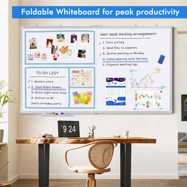 Bulletin Boards Dry Erase Board 72 x 40 Wall Mounted Aluminum Frame Marker Board Foldable Portable Whiteboard Panel
