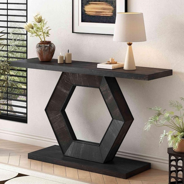 55.1 in. Black Hexagon Wood Console Table Entryway Table