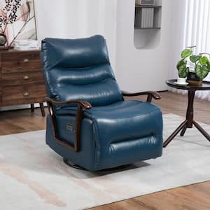 Blue Extra Wide Breathable Leather Swivel Rocker Recliner Power Glider Chair with Solid Wood Armrests