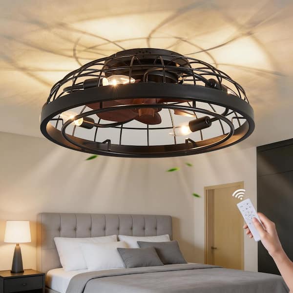 19.7 in. 4-Light Black Caged Flush Mount Ceiling Fan with Light, Industrial Low Profile Fandelier Fan with Remote