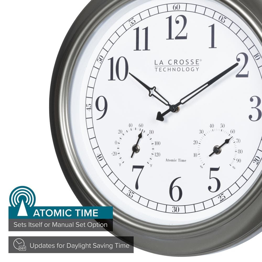 18" Silver Atomic Outdoor Clock with Thermometer and Hygrometer