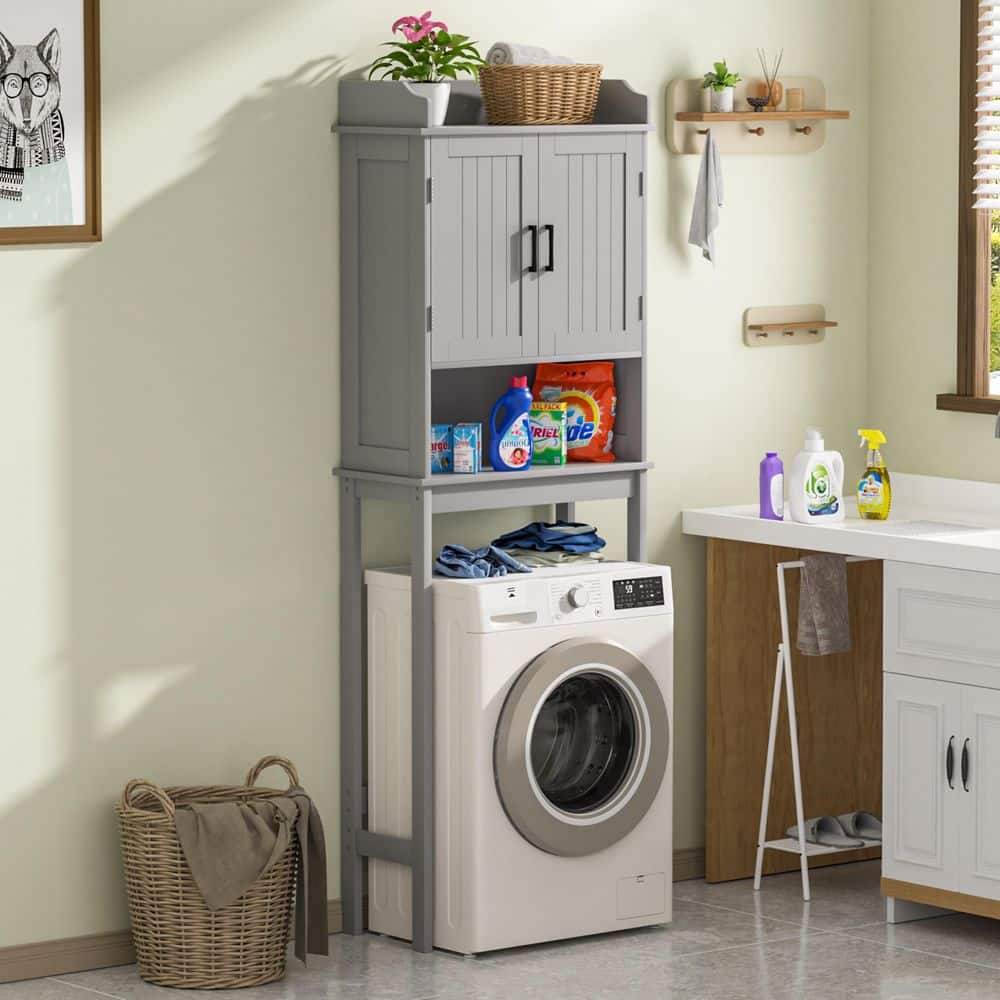 Gray Adjustable Over-the-Toilet Storage Cabinet with Doors