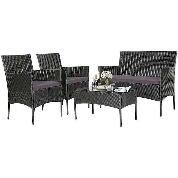 Costway 4-Piece Wicker Patio Conversation Set with Sofa Coffee Table and Grey Cushions