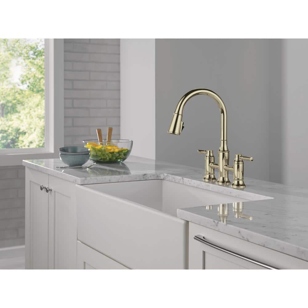 Polished Nickel Double Handle Bridge Kitchen Faucet with Pull-out Spray