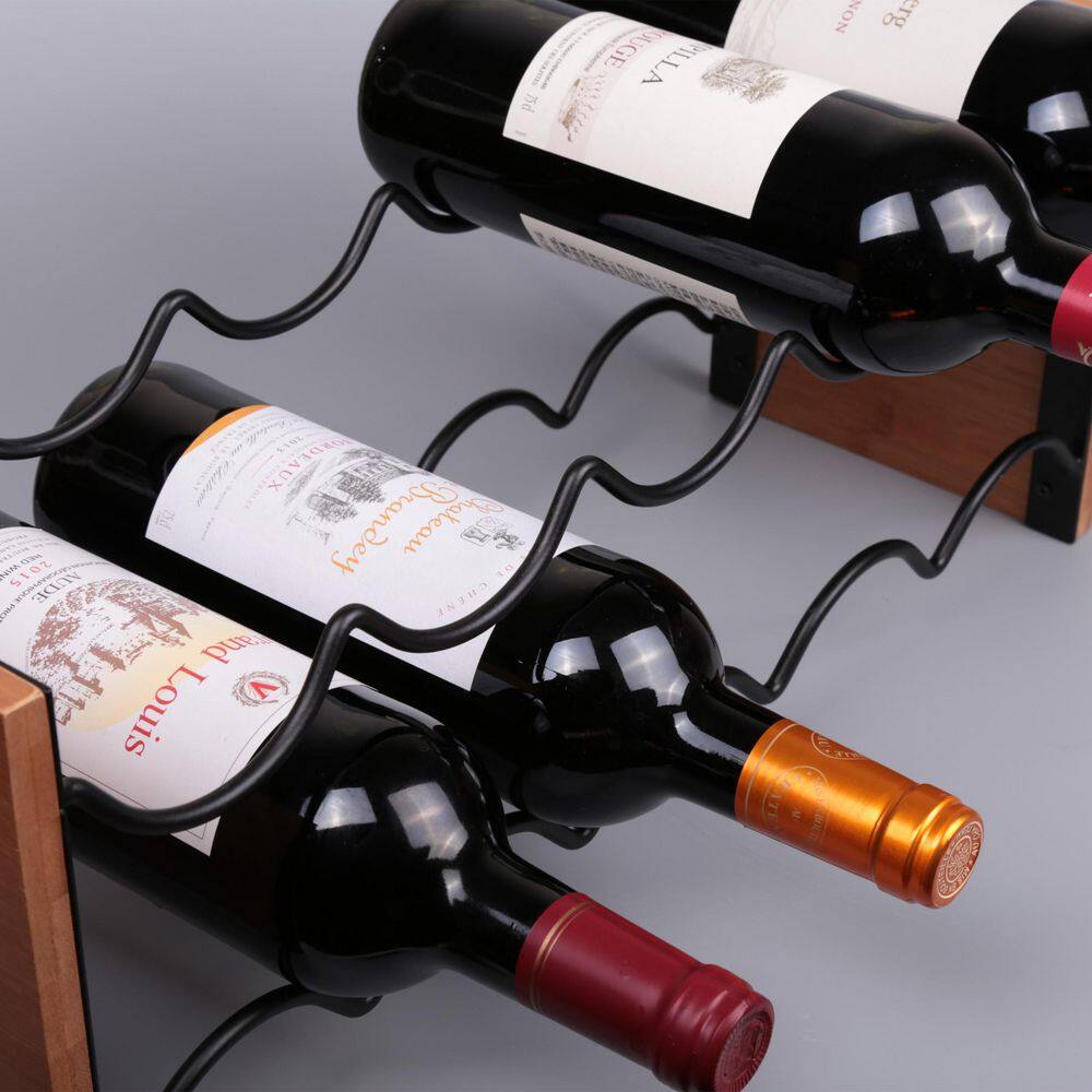 Acacia Wood and Black Steel 6-Bottle Wine Rack