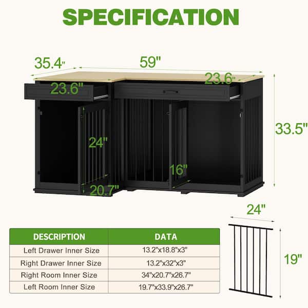 FUFU&GAGA Large Dog Crate Furniture for 2 Dogs, Black Wooden
