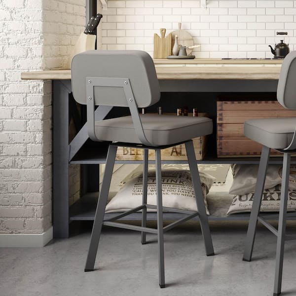 Amisco Clarkson 26 in. Taupe Grey Faux Leather / Matt Dark Grey Metal Swivel Counter Stool