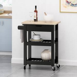 FAMYYT Compact Gray Rubber Wood Tabletop 25.5 in. Kitchen Island with ...