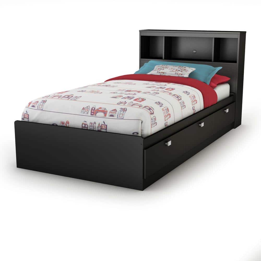 Pure Black Twin Wood Frame Captain's Bed with 3 Drawers