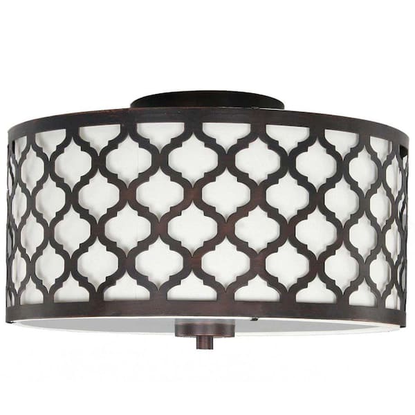 Hampton Bay Edgemoor 13 in. 2-Light Oil-Rubbed Bronze Semi-Flush Mount with Fabric and Laser Cut Drum Shade