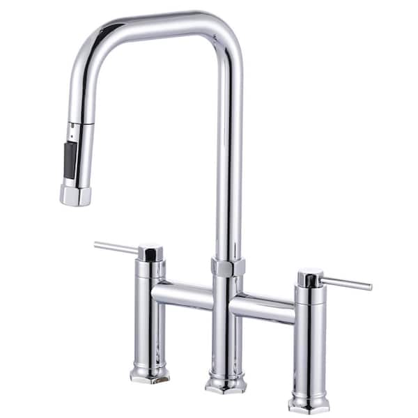 Double-Handle Bridge Kitchen Faucet with Pull-Down Sprayhead and 360° High-Arc Spout in Polished Chrome