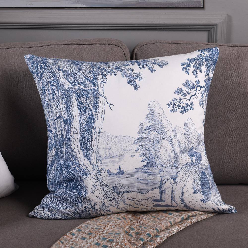 Blue and White Linen Square Throw Pillow