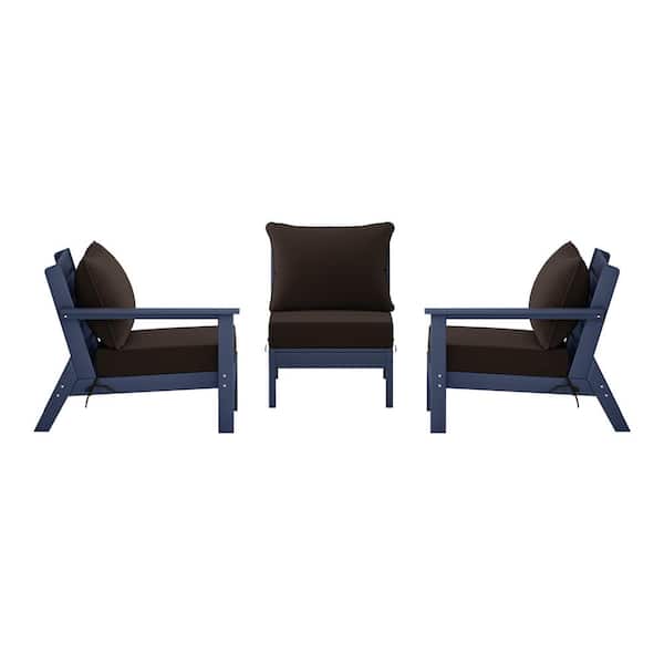 Birchwood Navy Blue Arrangeable 3-Piece HDPE Deep Seating Outdoor Patio Conversation Sofa Armchair Set w/Brown Cushions