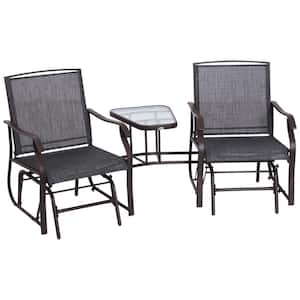 3-Piece Metal Frame Sling Grey Fabric Patio Conversation Set Double Rocker Chair with Center Coffee Table
