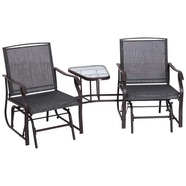 Outsunny 3-Piece Metal Frame Sling Grey Fabric Patio Conversation Set Double Rocker Chair with Center Coffee Table