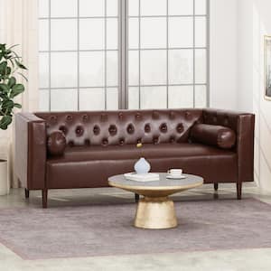 Faraway 90 in. Dark Brown Solid Faux Leather 3-Seat Tuxedo Sofa