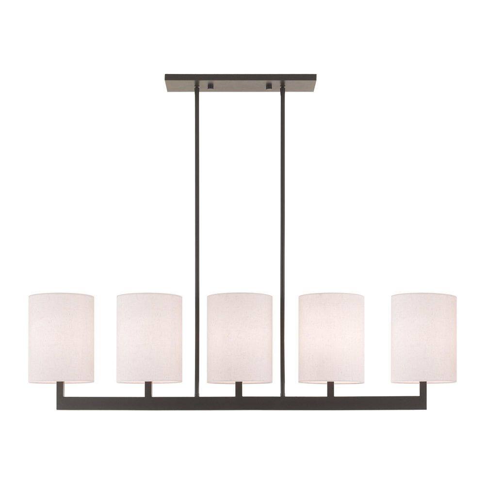 Elegant Bronze Drum 5-Light Linear Chandelier with Oatmeal Shade
