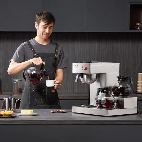 VEVOR - 12-Cups Commercial Drip Coffee Maker, Coffee Maker Machine with 3-Glass Carafes and 3-Warmer Plates, Stainless Steel