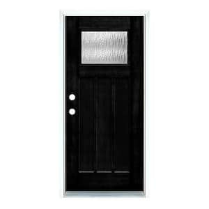 36 in. x 80 in. Right-Hand Inswing Water Wave Glass Craftsman Stained Black Fiberglass Prehung Front Door