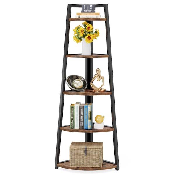 BYBLIGHT Eulas 70 in. Tall Rustic Brown MDF 5-Shelf Corner Ladder Bookcase with Metal Frame for Living Room, Kitchen, Home Office
