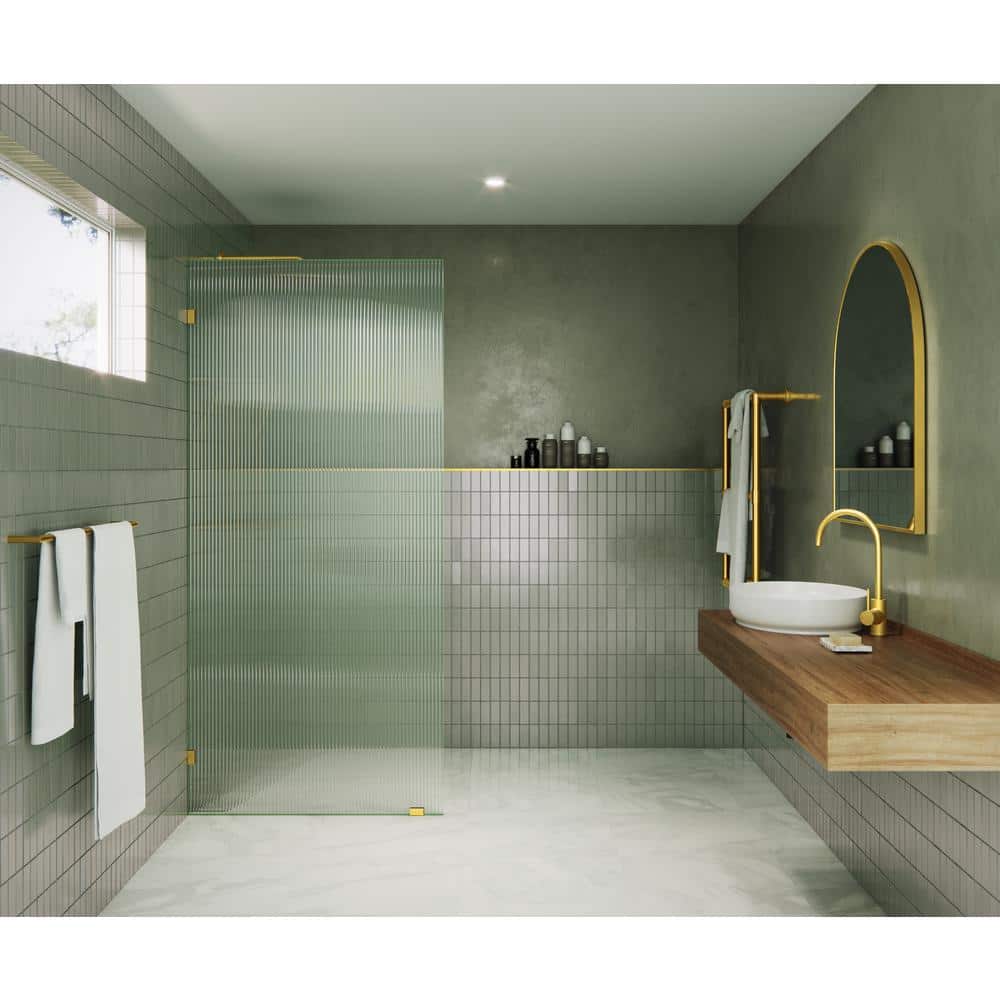 Gaia 36" x 78" Frameless Fluted Glass Shower Panel with Satin Brass Hardware