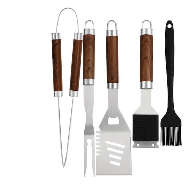 Stainless Steel Grill Tool Set 5-Piece Outdoor Barbecue Utensils with Long Handles and Wood Grain Coating