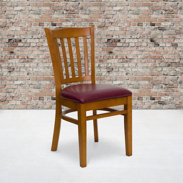 Hercules Series Cherry Vertical Slat Back Wooden Restaurant Chair with Burgundy Vinyl Seat