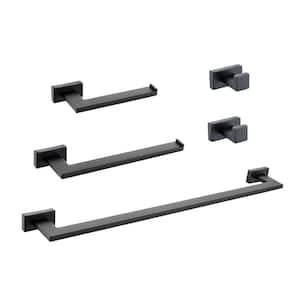 5-Piece Stainless Steel Bathroom Hardware Set with Towel Bar, Toilet Paper Holder and Hooks in Black