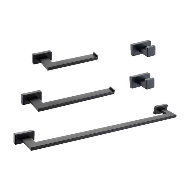 Aoibox 5-Piece Stainless Steel Bathroom Hardware Set with Towel Bar, Toilet Paper Holder and Hooks in Black
