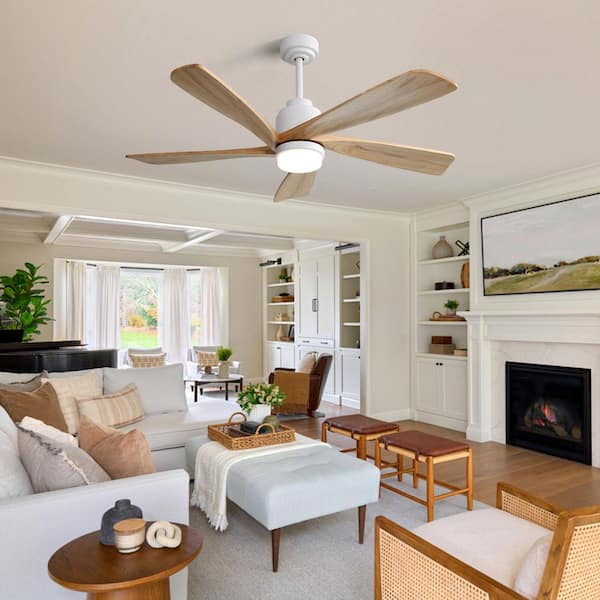 52 in. White Reversible DC Motor Downrod Mount Standard Ceiling Fan with Remote Control Dimmable LED Light 5 Wood Blades