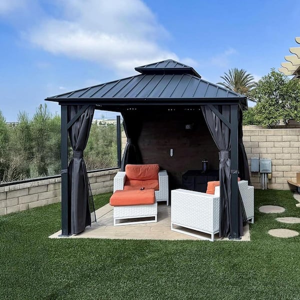 10 ft. x 10 ft. Gray Aluminum Hardtop Gazebo Canopy with Netting and Curtains
