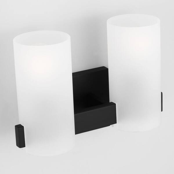 SCOTT LIVING - Rhode 12.13 in. 2-Light Midnight Black Medium Vanity Light with Etched Glass Shades