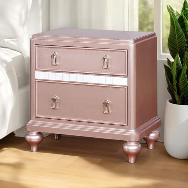 Benjara Pink 2-Drawer 28 in. Nightstand with Mirror Trim