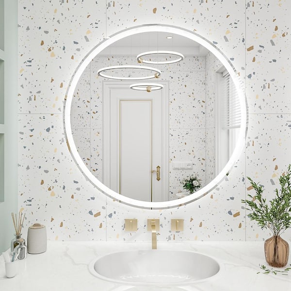 Flynama 32 in. W x 32 in. H Round Frameless Wall LED Bathroom Vanity Mirror with Dimmable Smart Touch Button in Silver