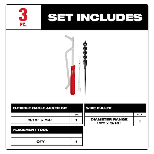 9/16 in. x 54 in. Cable Auger Bit and Placement Set (3-Piece)